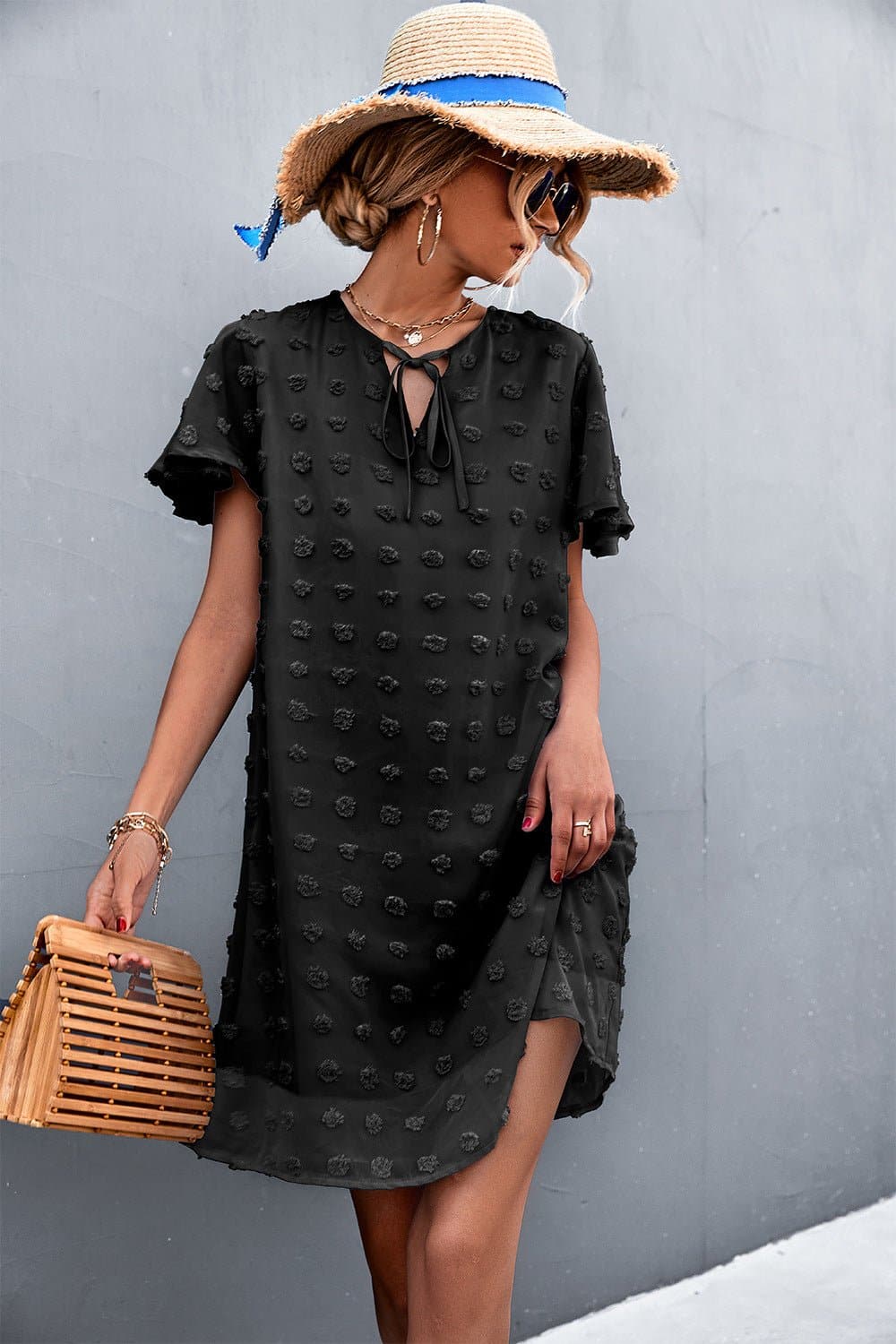 Swiss Dot Tie Neck Mini Dress - Love culture store