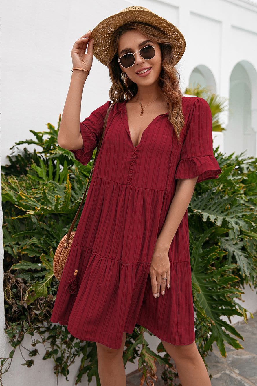 Tassel Tie-Neck Ruffle Hem Dress - Love culture store