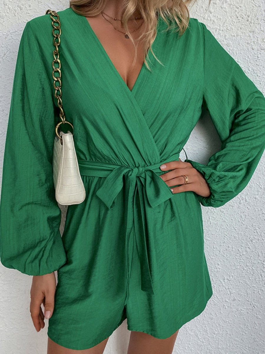 Tie-Waist Balloon Sleeve Surplice Romper - Love Culture