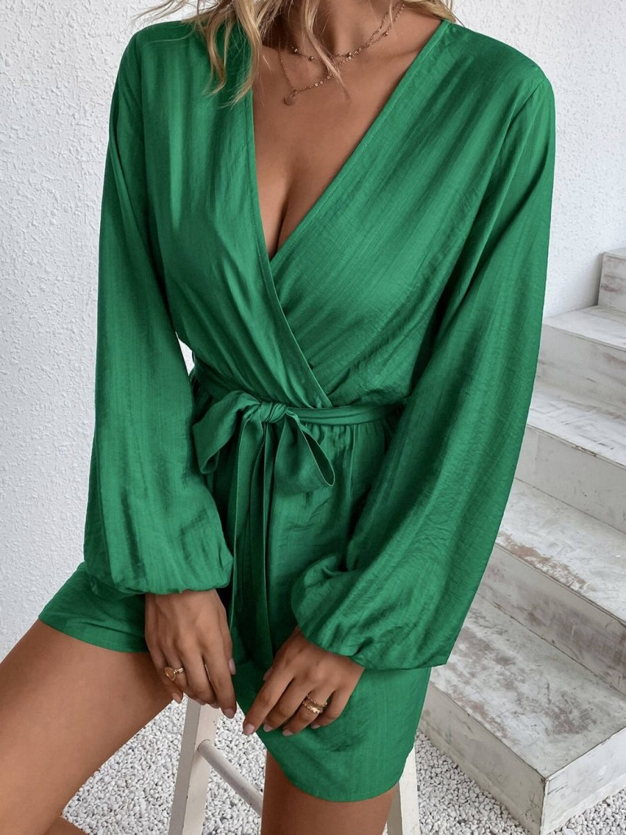 Tie-Waist Balloon Sleeve Surplice Romper - Love Culture