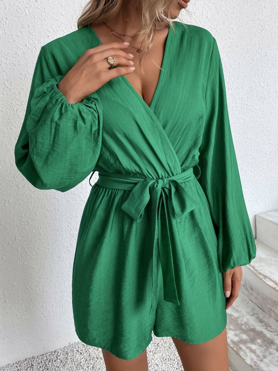 Tie-Waist Balloon Sleeve Surplice Romper - Love Culture