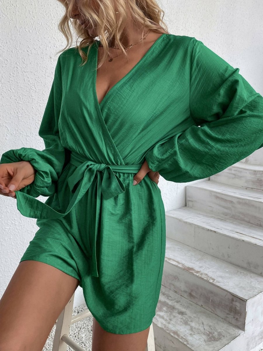 Tie-Waist Balloon Sleeve Surplice Romper - Love Culture