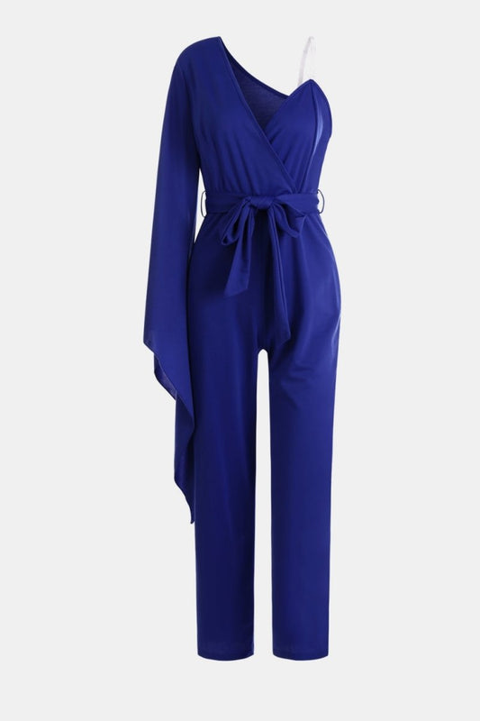 Tie-Waist Split Sleeve Surplice Jumpsuit - Love Culture