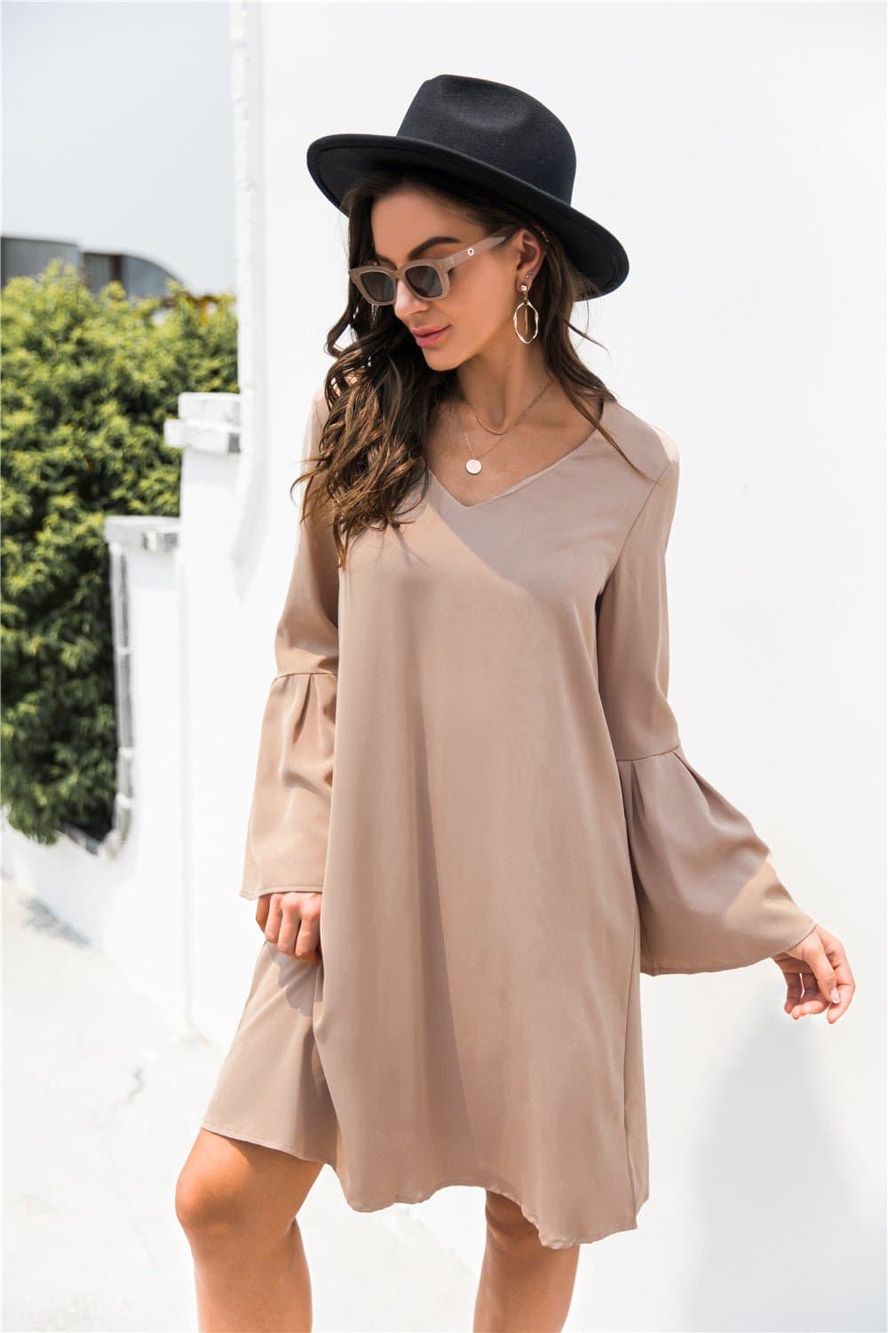 Trumpet Sleeve V Neck Dress - Love culture store