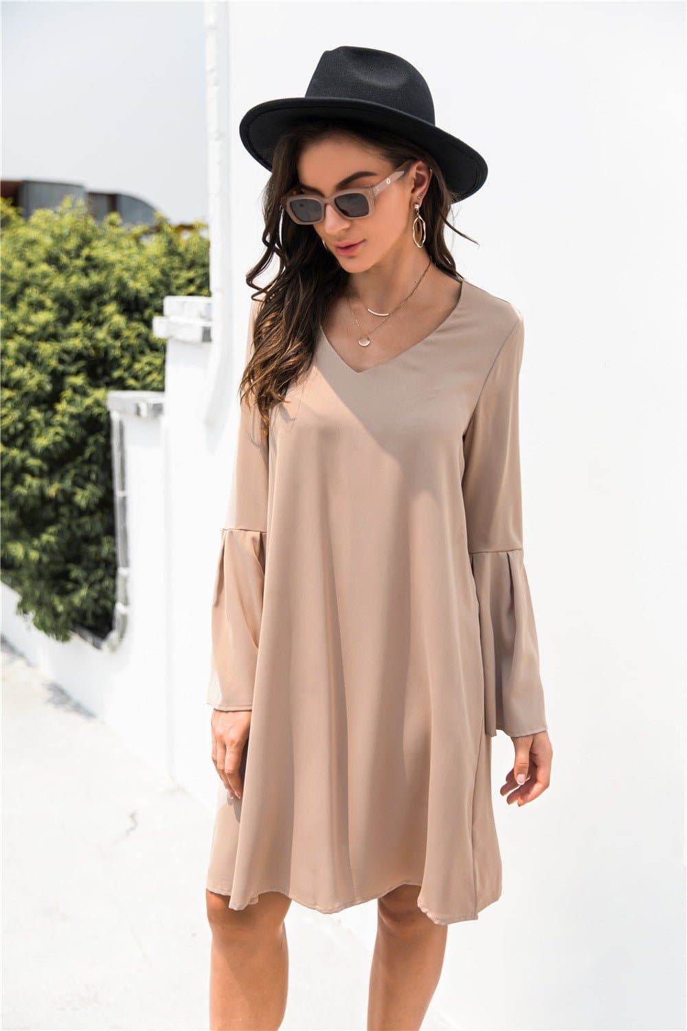 Trumpet Sleeve V Neck Dress - Love culture store