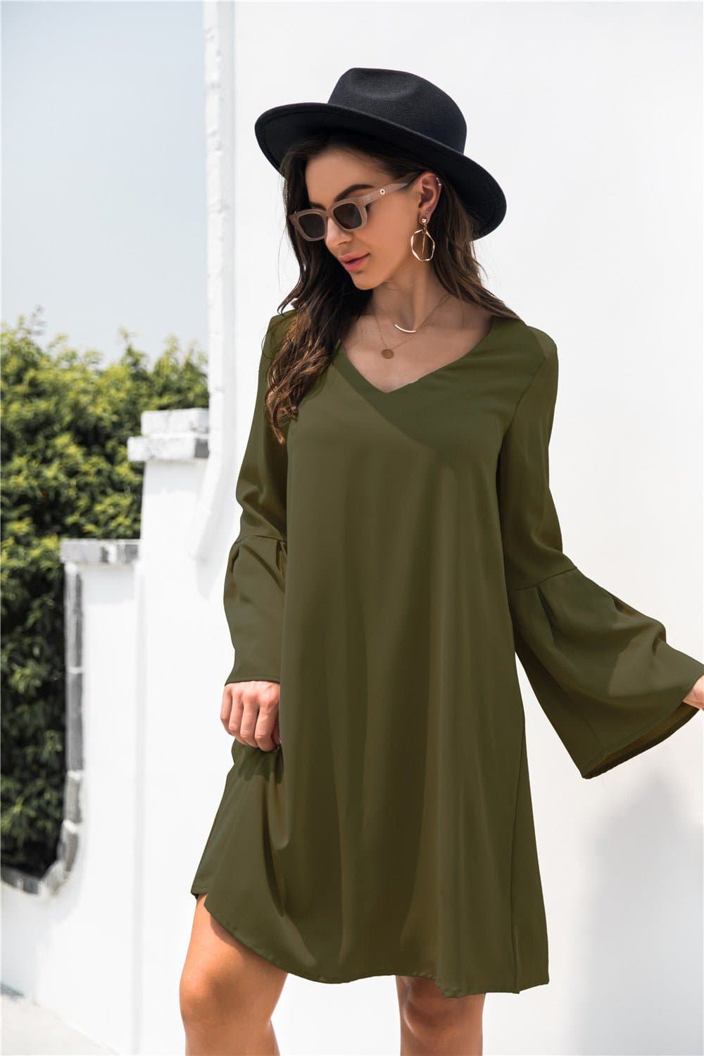 Trumpet Sleeve V Neck Dress - Love culture store