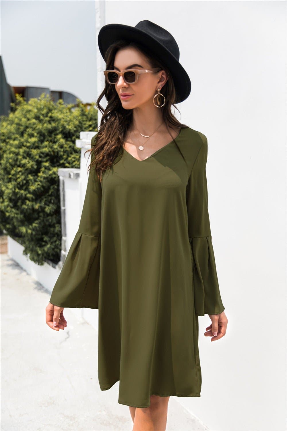 Trumpet Sleeve V Neck Dress - Love culture store