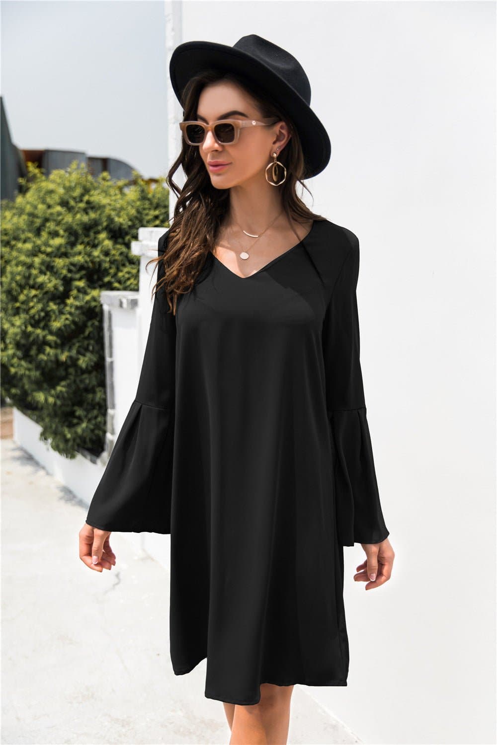 Trumpet Sleeve V Neck Dress - Love culture store