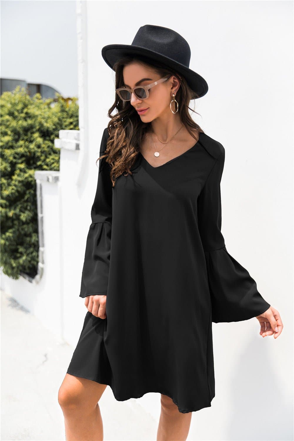 Trumpet Sleeve V Neck Dress - Love culture store