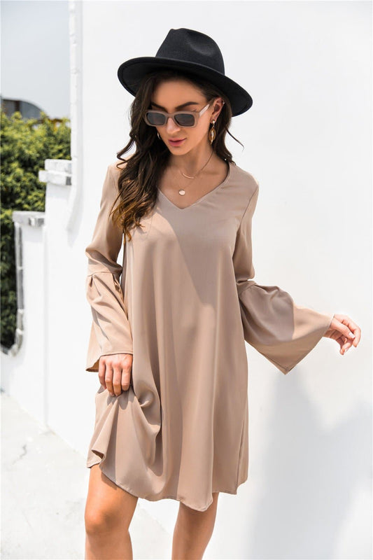 Trumpet Sleeve V Neck Dress - Love culture store