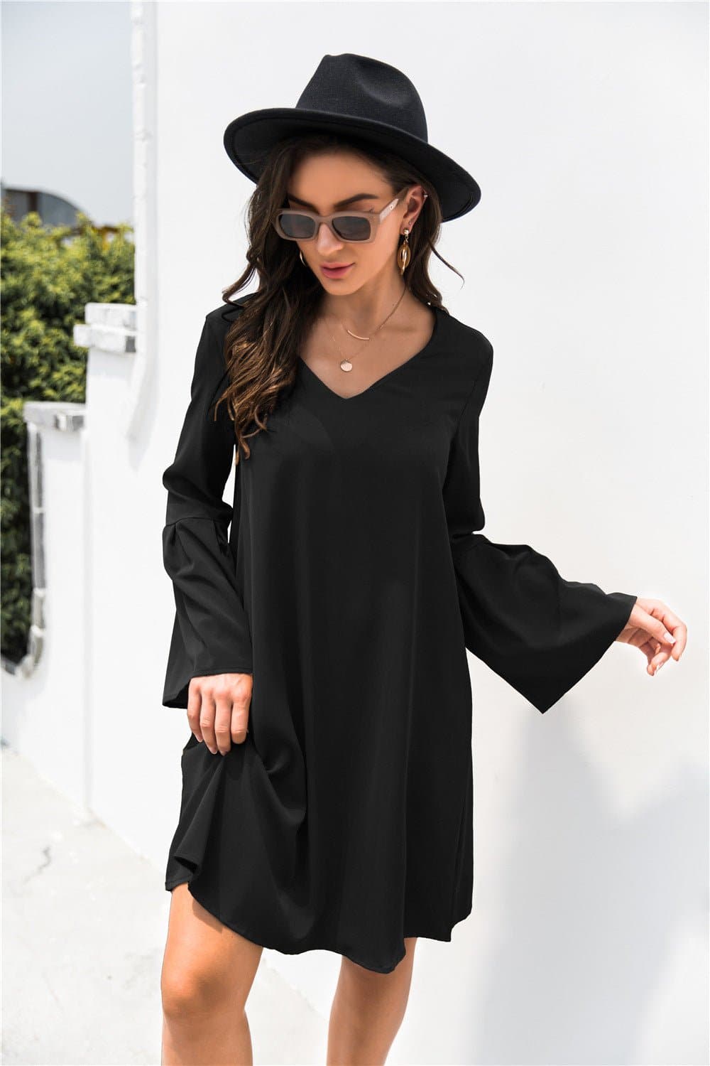 Trumpet Sleeve V Neck Dress - Love culture store