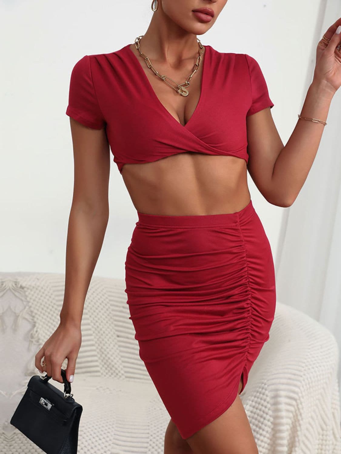 Twisted Deep V Cropped Top and Ruched Skirt Set - Love culture store