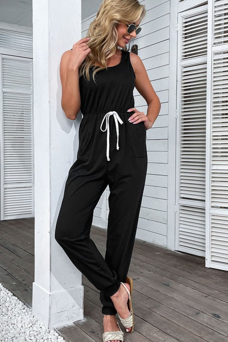 Two-Tone Drawstring Waist Sleeveless Jogger Jumpsuit - Love Culture